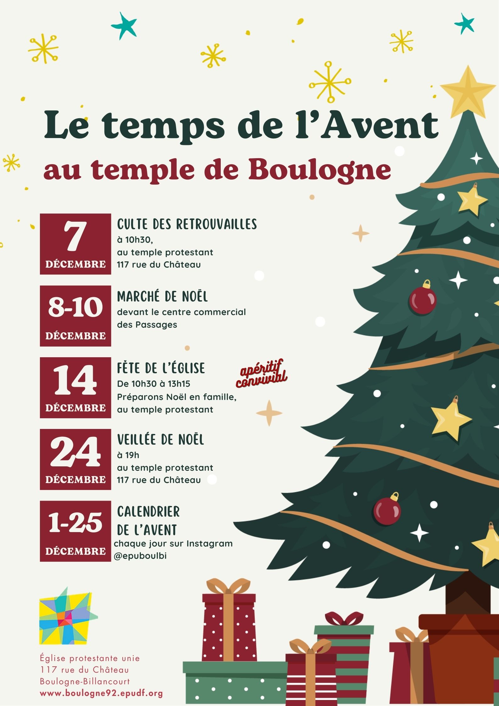 Affiche comportant les principales dates pour Noël de l'Eglise