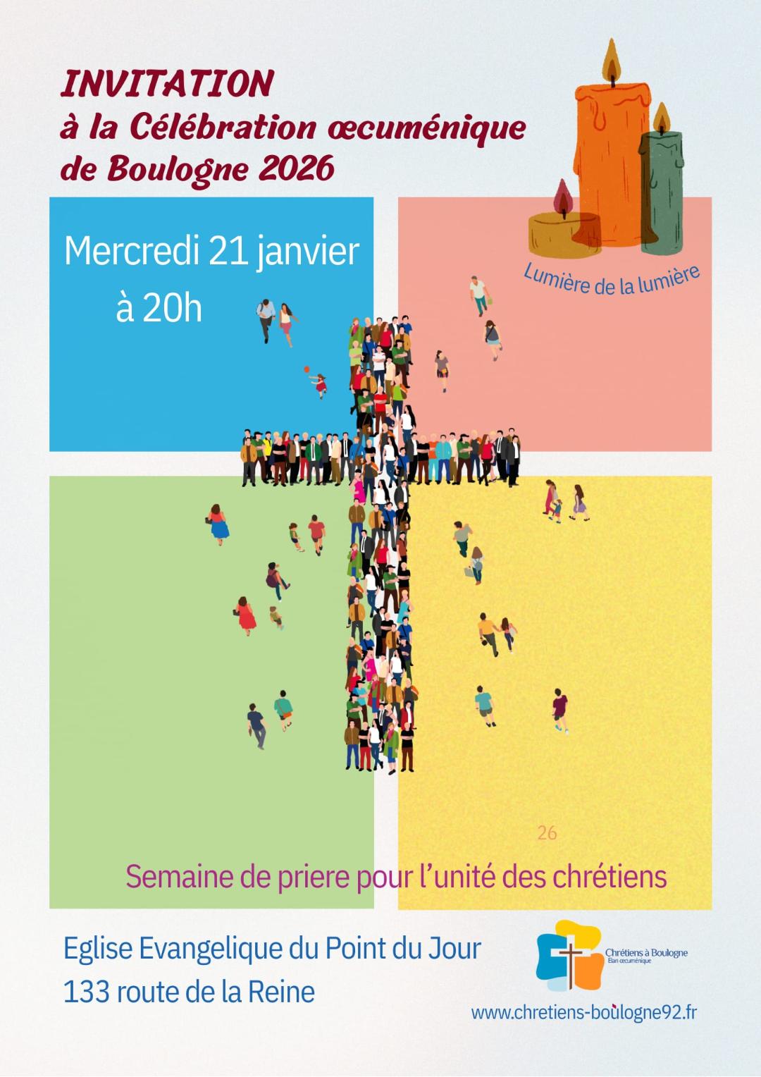 célébration oecuménique mercredi 21 janvier à 20h à l'Eglise évangélique du point du jour
